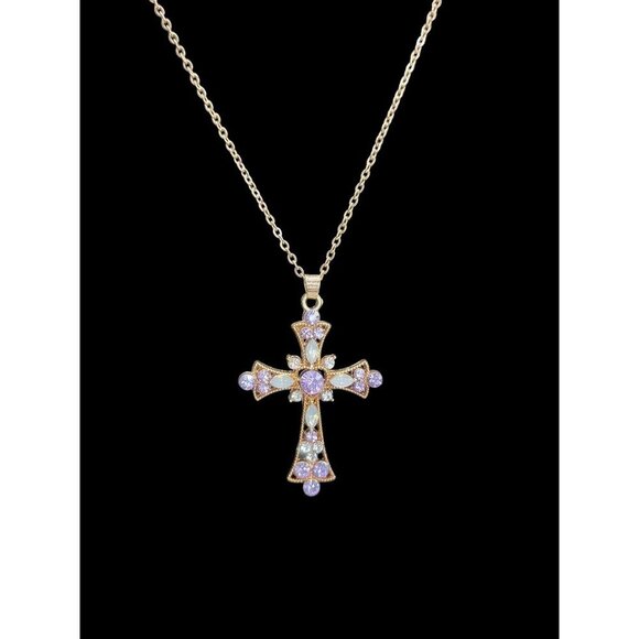 Sparkling Purple Rhinestone & Faux Opal Cross Pendant Necklace 19" Gold Plated - Picture 3 of 16
